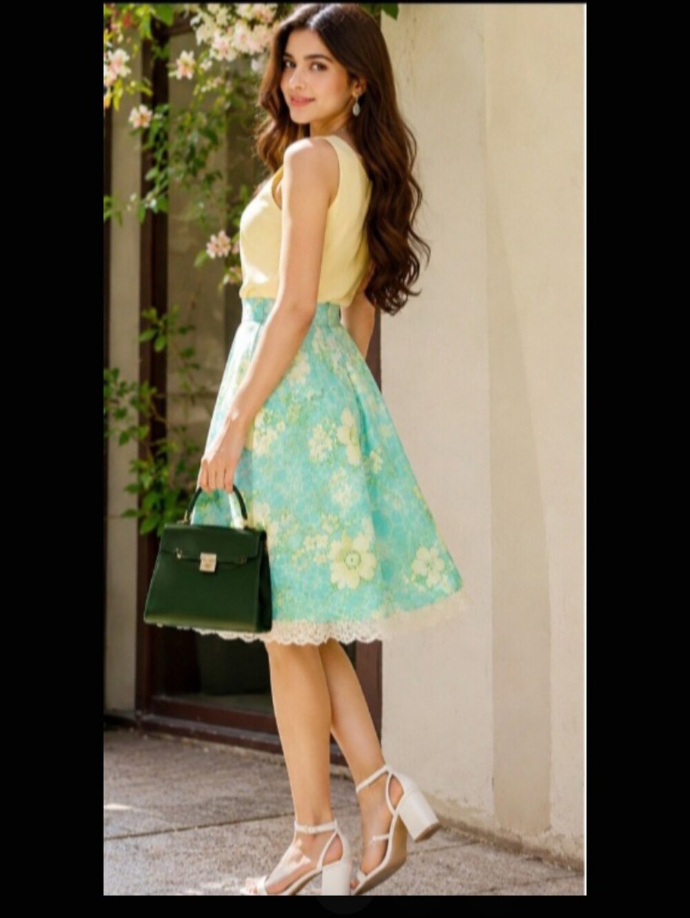 VAMP🌻Boho Blue Floral Print A-Line Flared Midi Skirt with Crochet Lace Sz: L